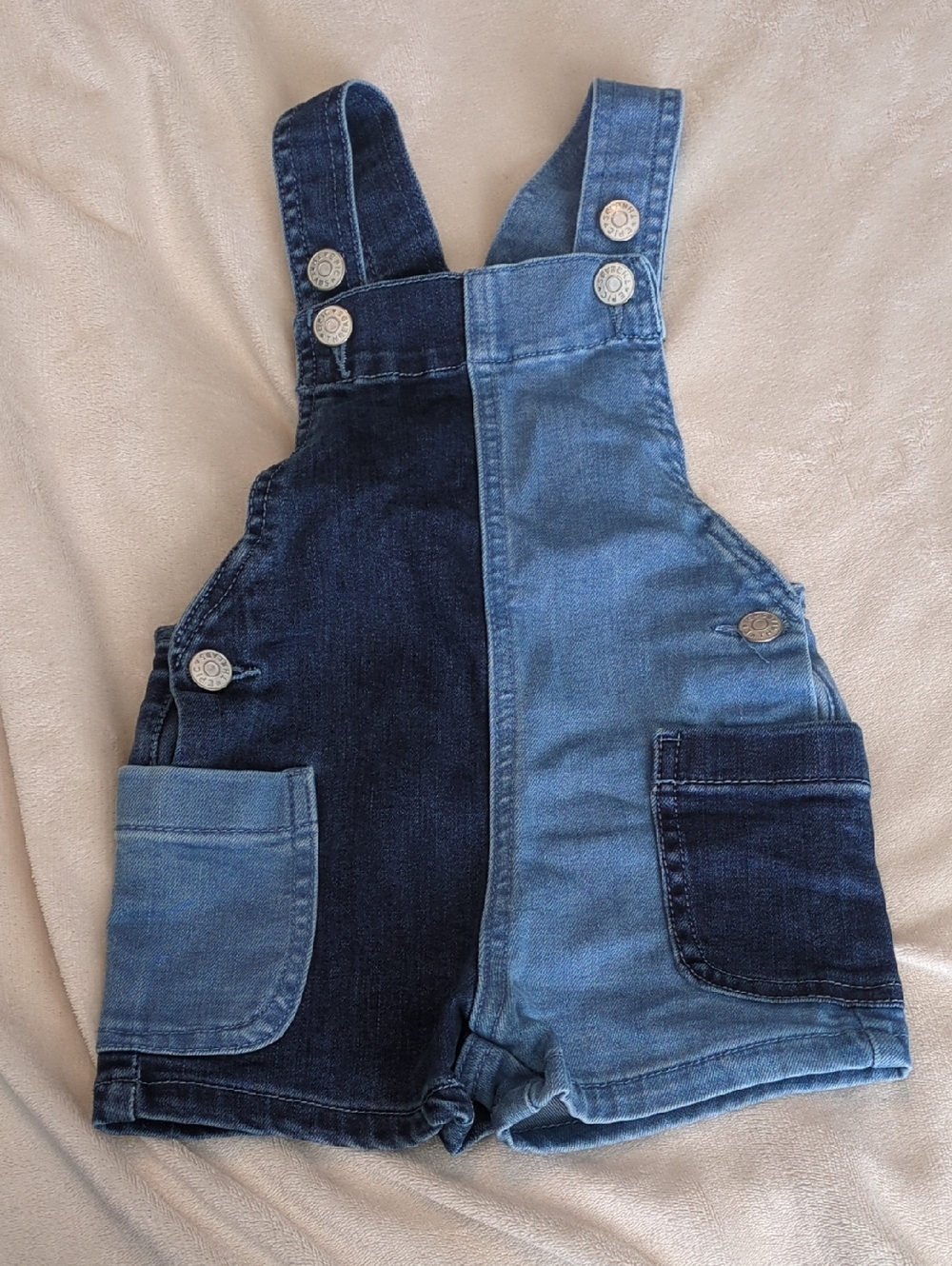 Epic Threads Two-Tone Denim Short Overalls - Light Blue & Dark Blue